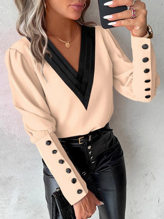 Camisa de manga larga con cuello en V y botones, de color liso, para el otoño.