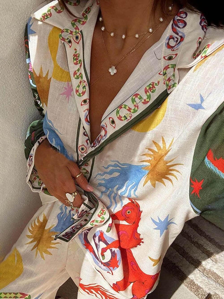 Conjunto de camisa de manga larga con estampado único y pantalones con cintura elástica
