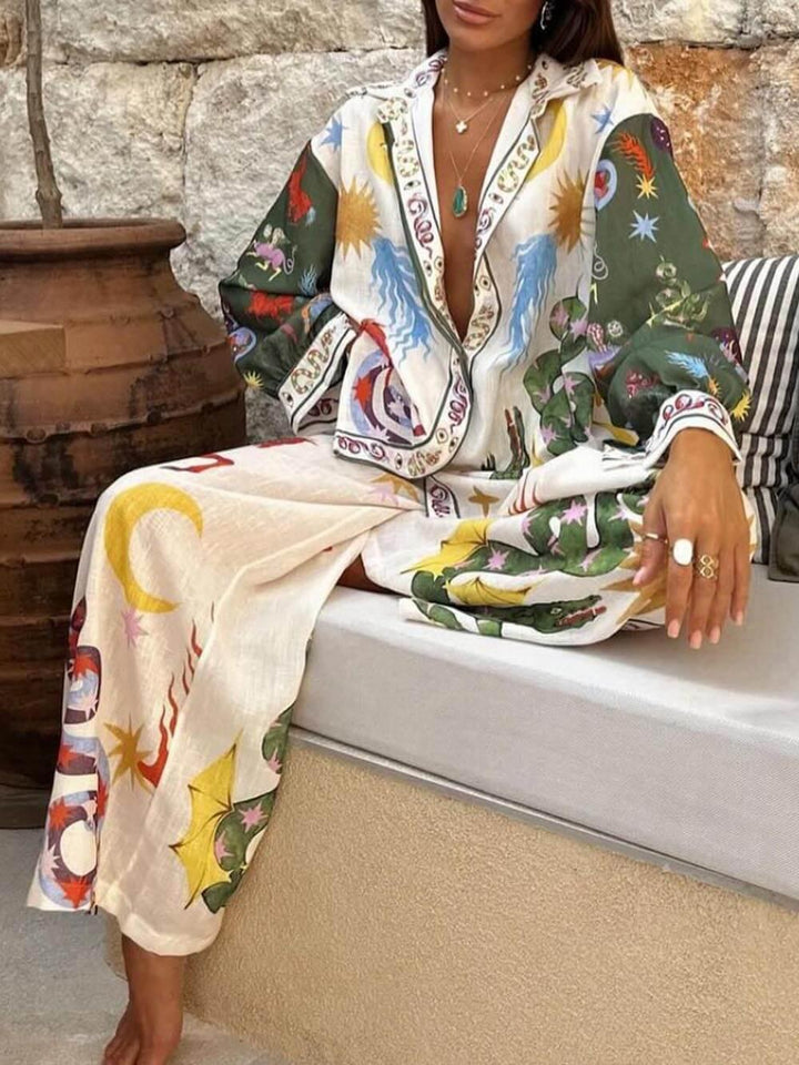 Conjunto de camisa de manga larga con estampado único y pantalones con cintura elástica