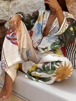 Conjunto de camisa de manga larga con estampado único y pantalones con cintura elástica