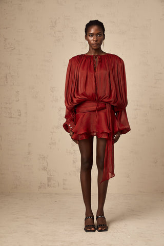 Vestido mini con volantes y pliegues completos Eugénia Rojo
