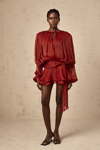 Vestido mini con volantes y pliegues completos Eugénia Rojo