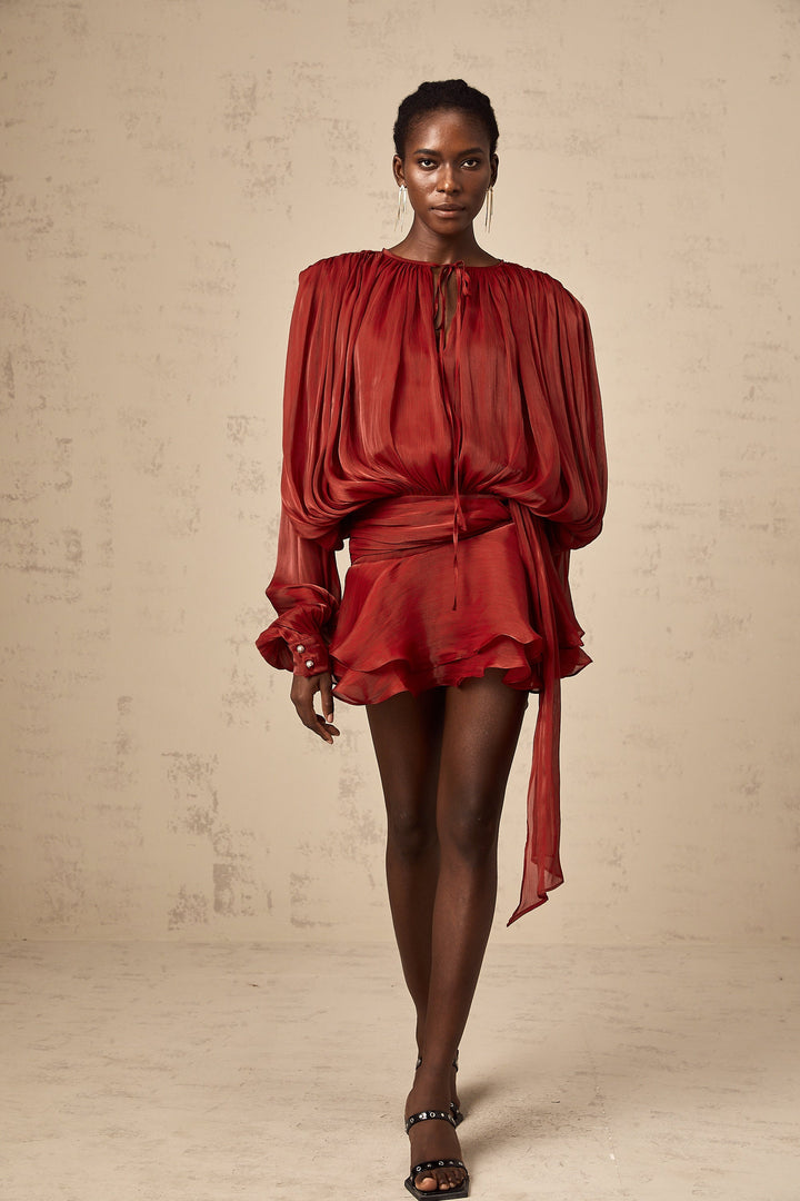 Vestido mini con volantes y pliegues completos Eugénia Rojo