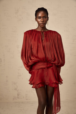 Vestido mini con volantes y pliegues completos Eugénia Rojo