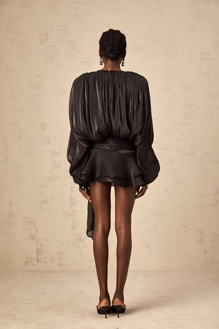Vestido mini con volantes y pliegues completos Eugénia Negro