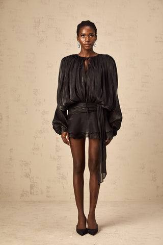 Vestido mini con volantes y pliegues completos Eugénia Negro