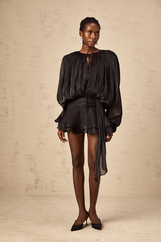 Vestido mini con volantes y pliegues completos Eugénia Negro
