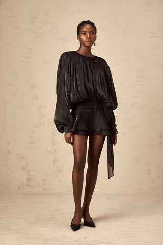 Vestido mini con volantes y pliegues completos Eugénia Negro
