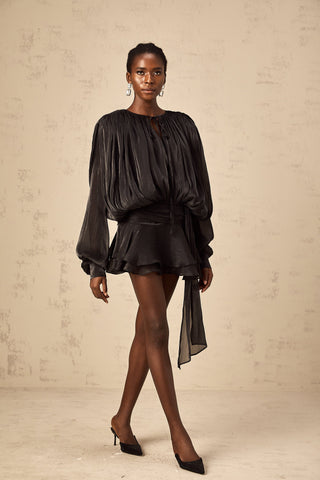 Vestido mini con volantes y pliegues completos Eugénia Negro