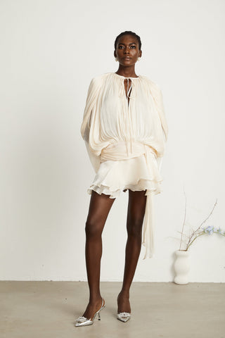 Mini vestido con volantes y pliegues neutro Eugénia