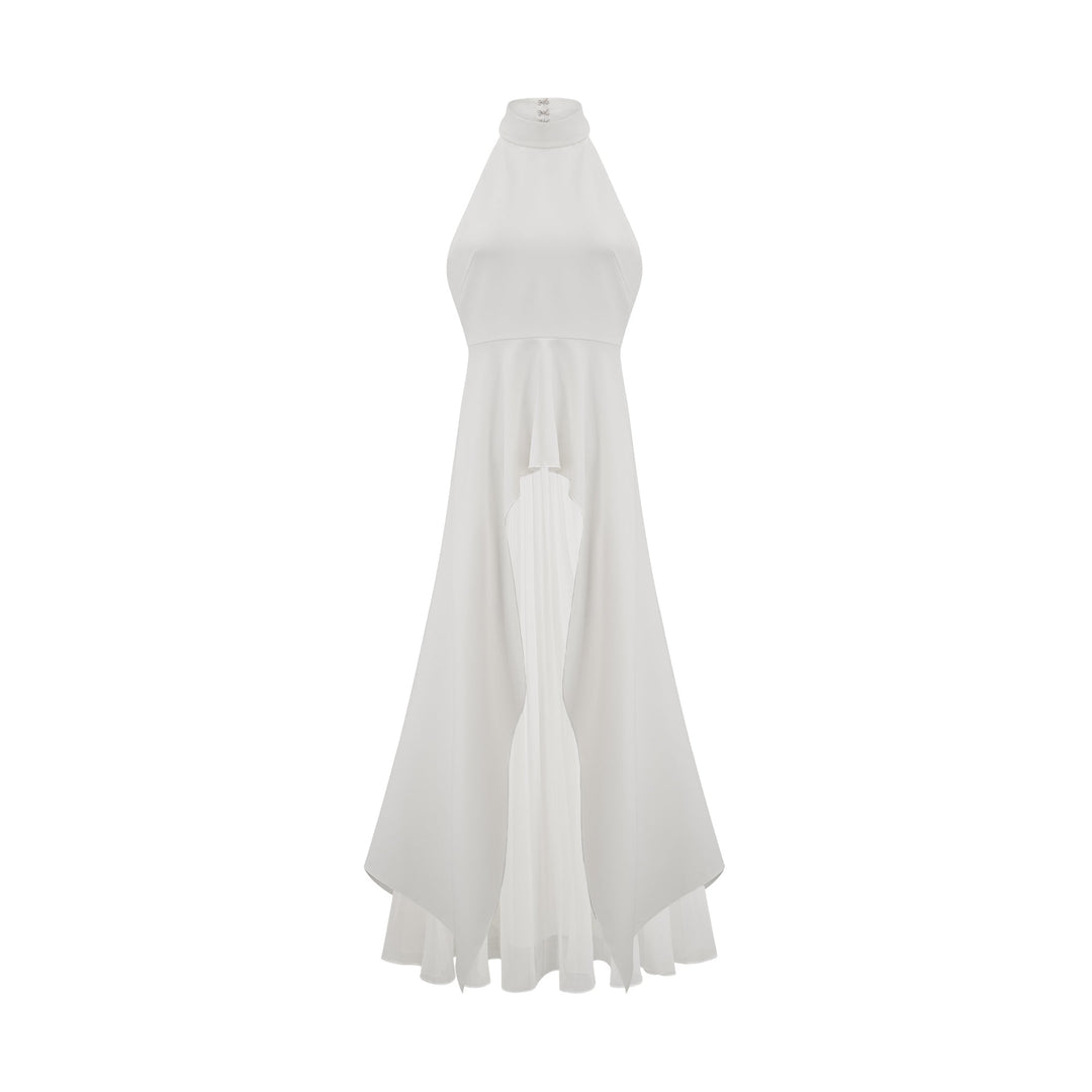 Vestido largo con cuello halter y capas de Martina Soler
