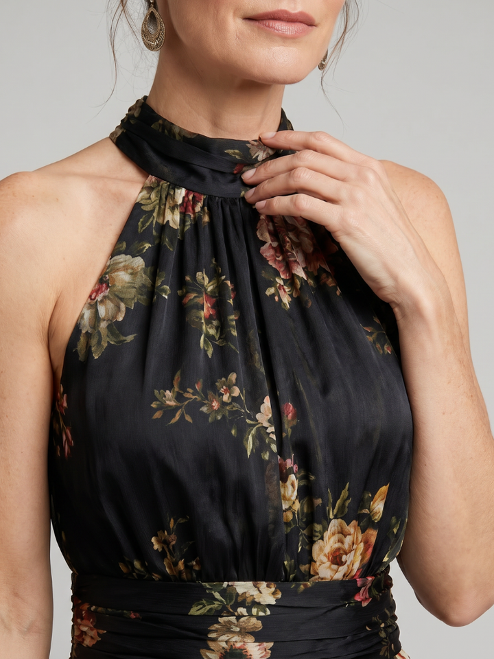 Valentina | Vestido midi con estampado floral y cuello halter