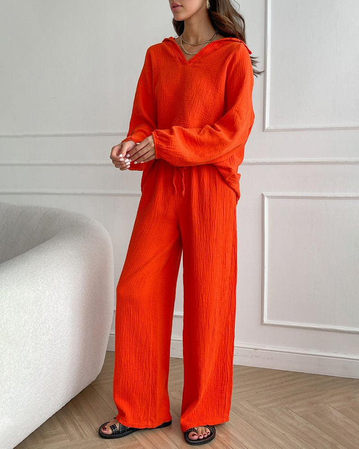 Conjunto informal de dos piezas con cuello en V sencillo para otoño