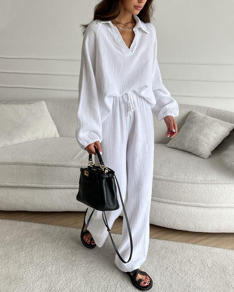 Conjunto informal de dos piezas con cuello en V sencillo para otoño