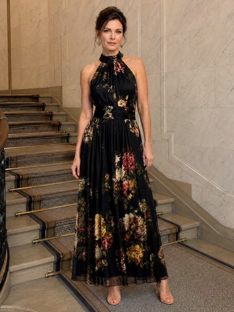 Valentina | Vestido midi con estampado floral y cuello halter