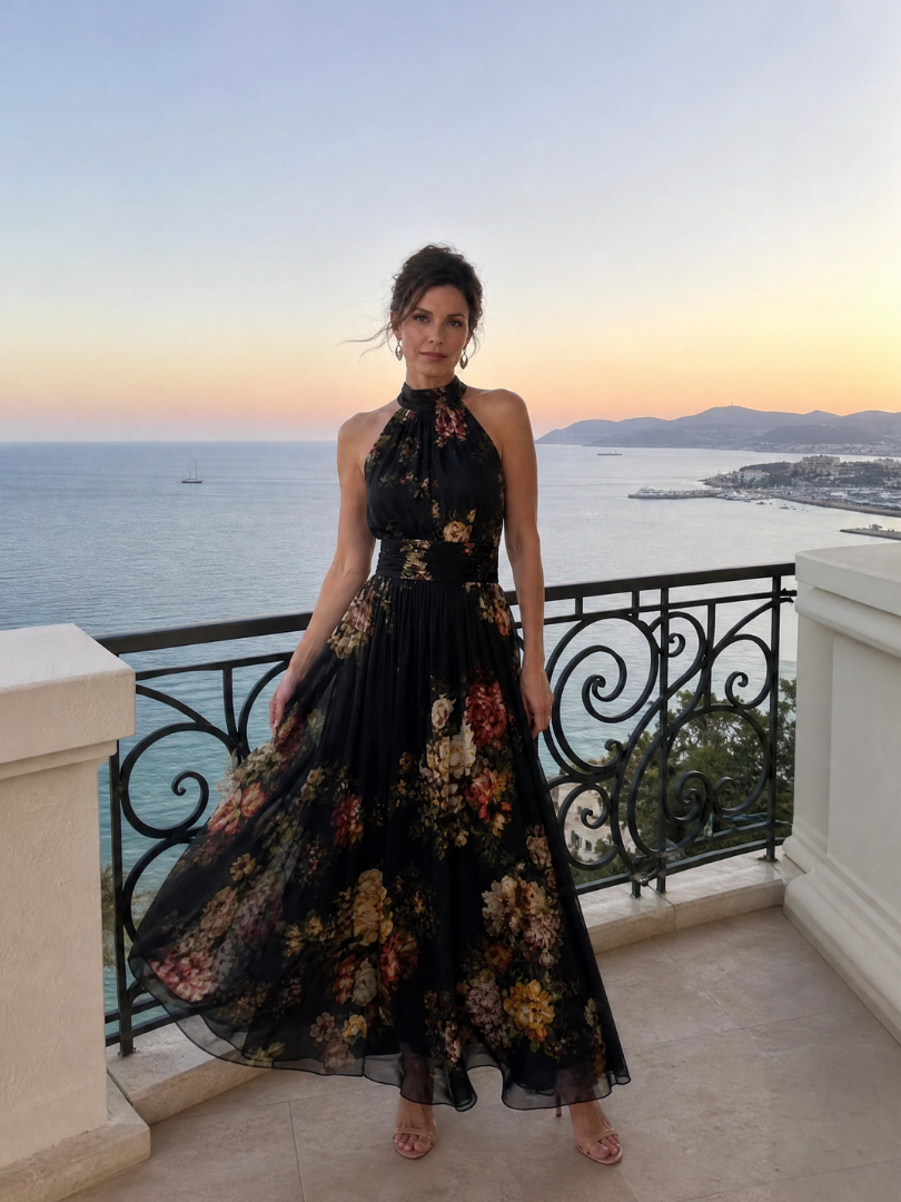 Valentina | Vestido midi con estampado floral y cuello halter