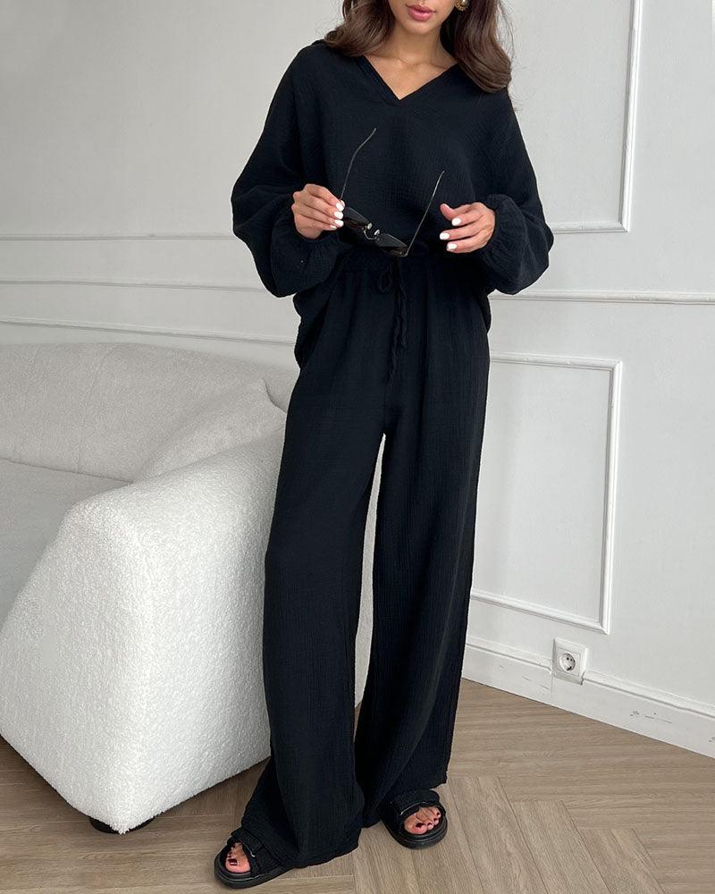 Conjunto informal de dos piezas con cuello en V sencillo para otoño