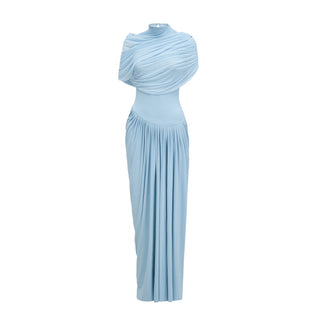 Vestido largo asimétrico plisado Catalina en azul celeste