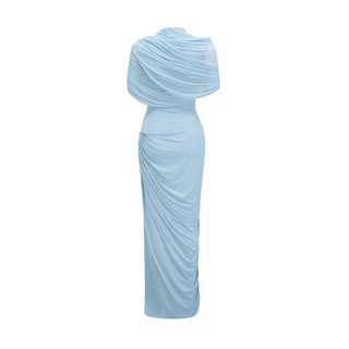 Vestido largo asimétrico plisado Catalina en azul celeste
