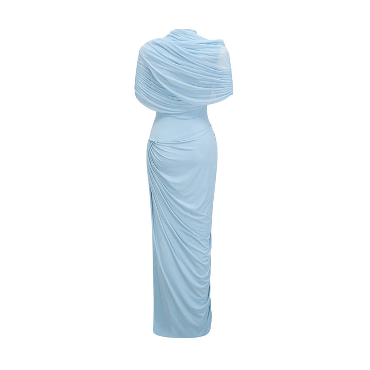 Vestido largo asimétrico plisado Catalina en azul celeste
