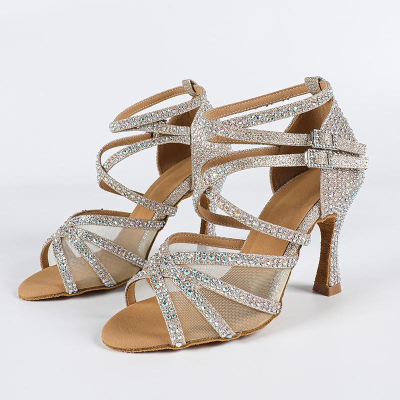 Zapatos de baile latino con tacón personalizados y purpurina brillante para mujer