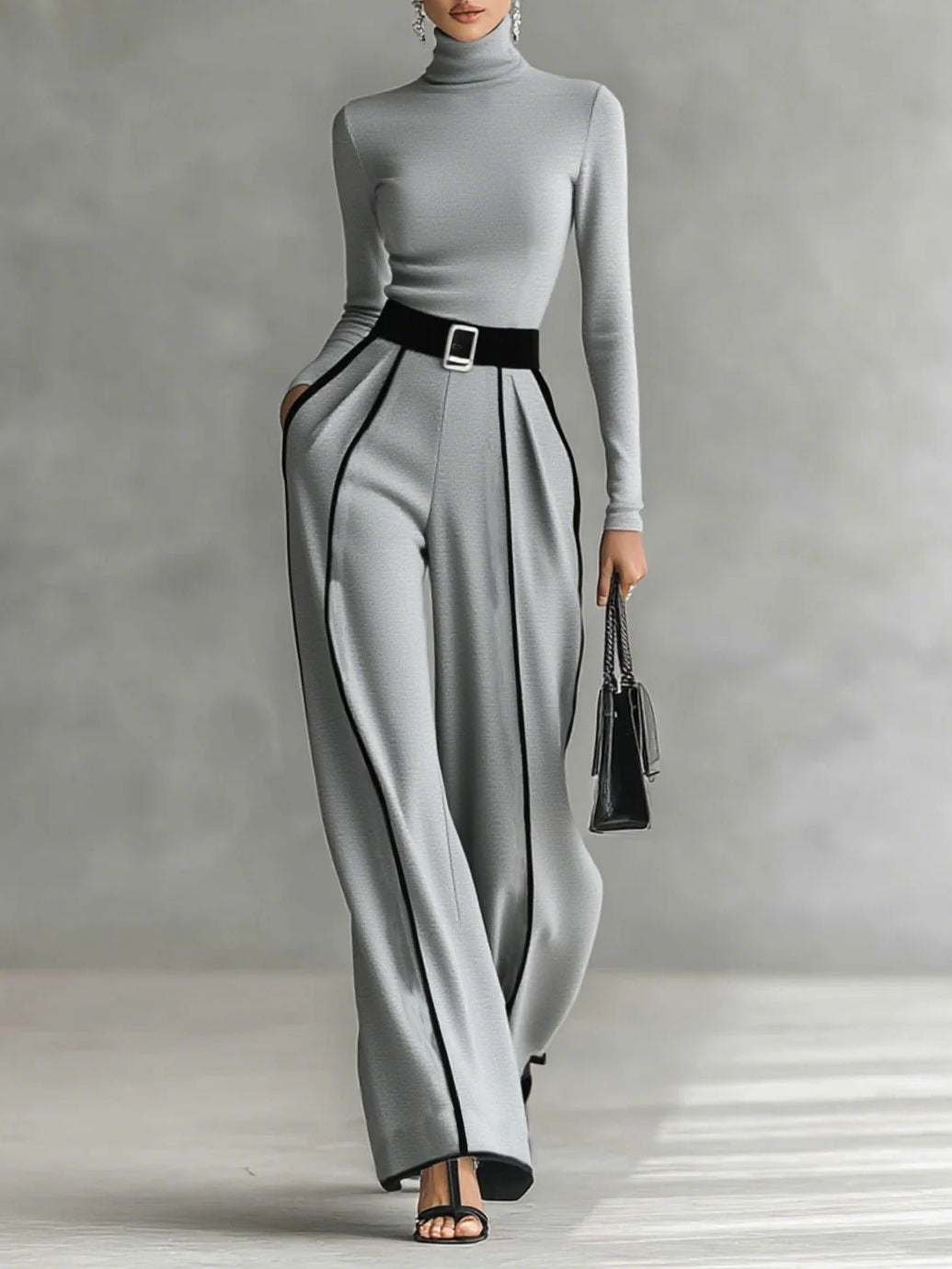 Conjunto de top blanco de cuello alto y manga larga con pantalones anchos y cinturón