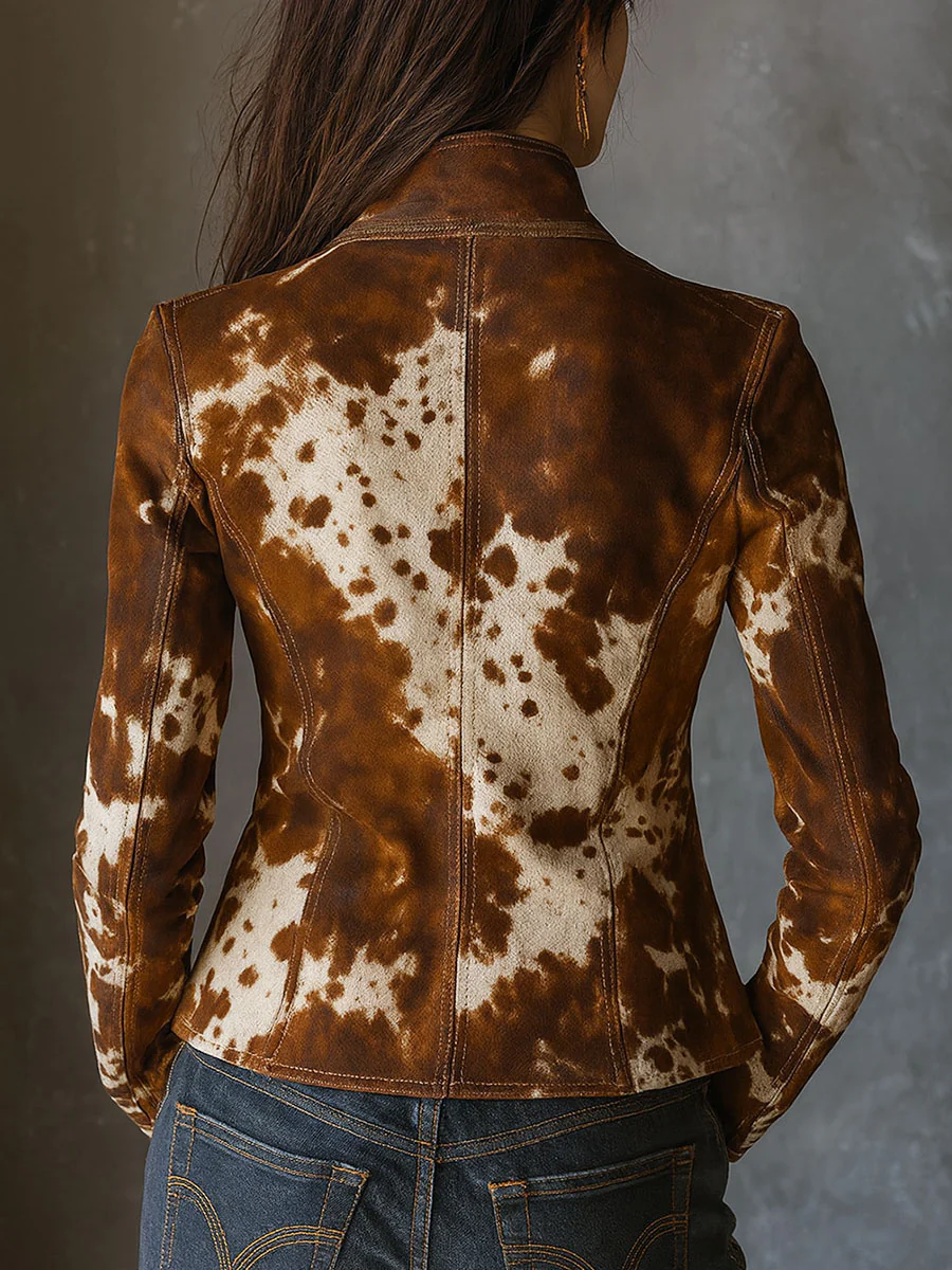 Chaqueta vintage ajustada con cuello alto y estampado de vacas