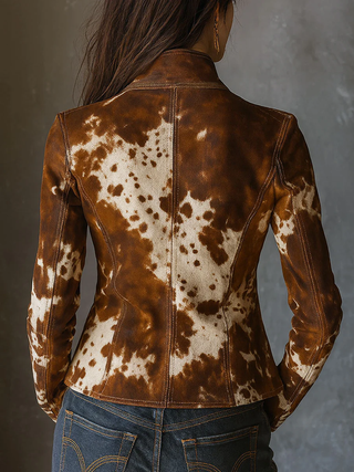 Chaqueta vintage ajustada con cuello alto y estampado de vacas