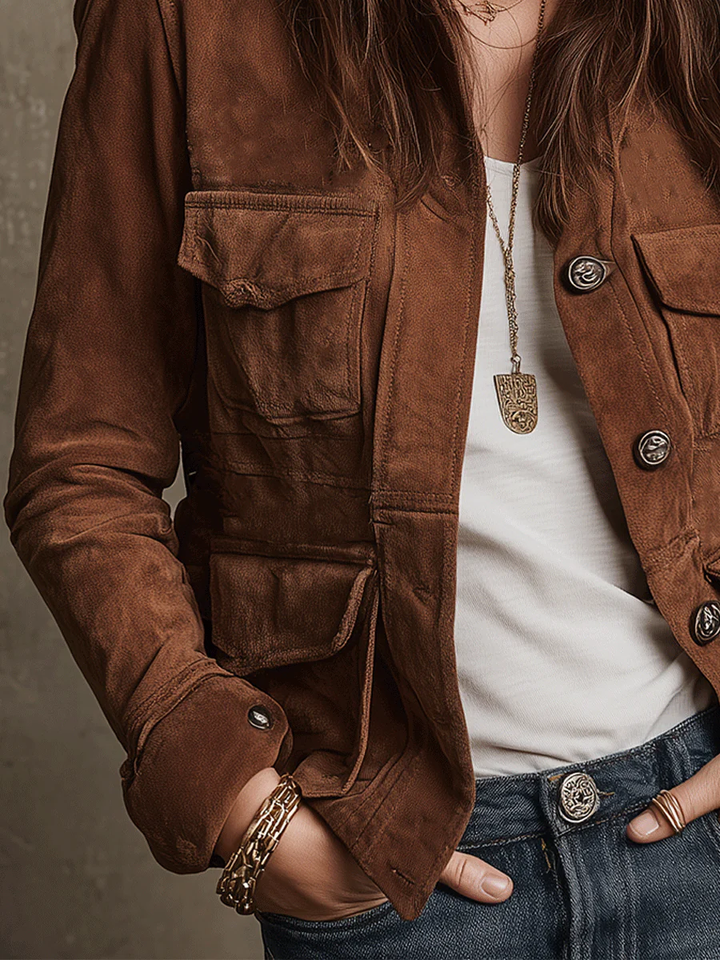 Chaqueta vintage marrón de ante sintético con múltiples bolsillos