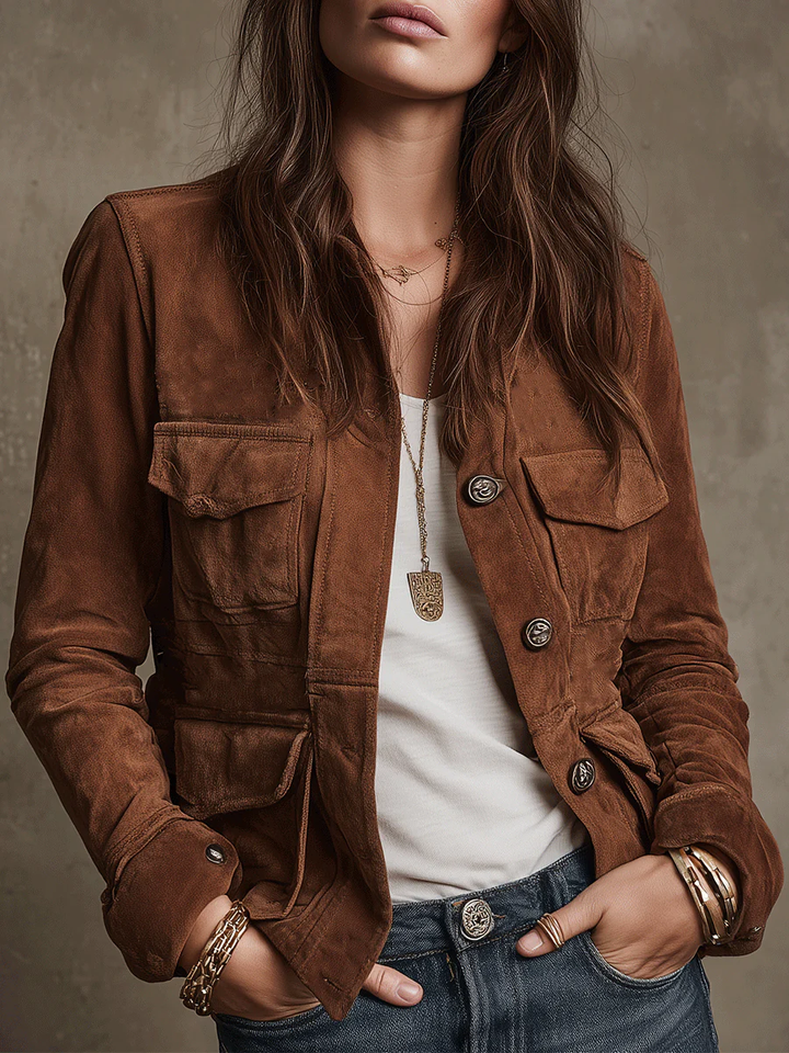 Chaqueta vintage marrón de ante sintético con múltiples bolsillos