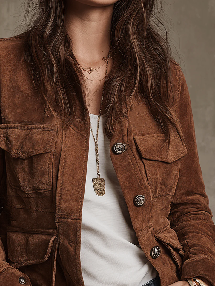 Chaqueta vintage marrón de ante sintético con múltiples bolsillos