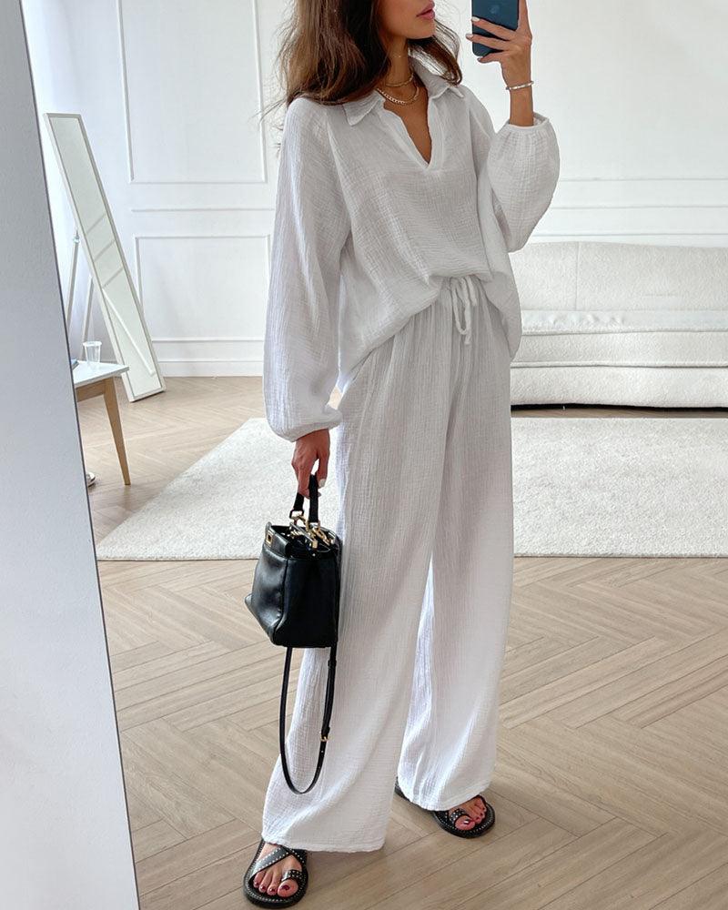 Conjunto informal de dos piezas con cuello en V sencillo para otoño
