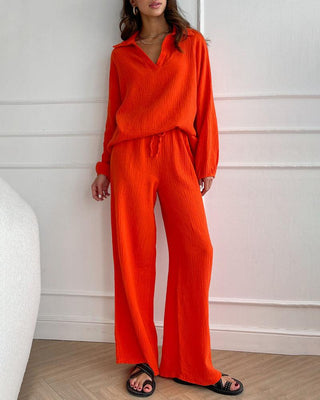 Conjunto informal de dos piezas con cuello en V sencillo para otoño