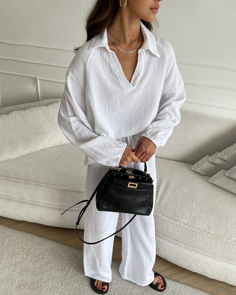 Conjunto informal de dos piezas con cuello en V sencillo para otoño