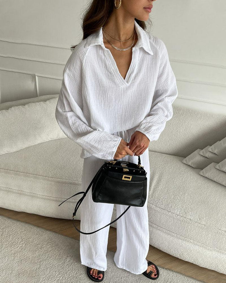 Conjunto informal de dos piezas con cuello en V sencillo para otoño