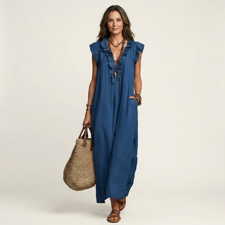 Marina | Vestido largo de lino con cuello en V