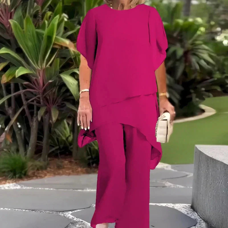Conjunto de dos piezas para mujer: un top asimétrico con mucho encanto y unos pantalones de pierna ancha