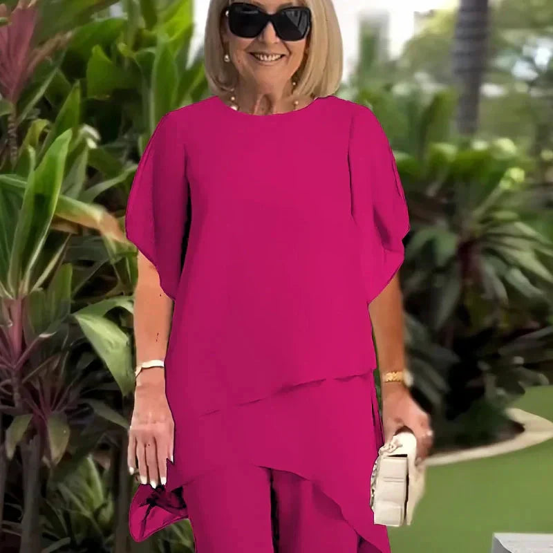Conjunto de dos piezas para mujer: un top asimétrico con mucho encanto y unos pantalones de pierna ancha